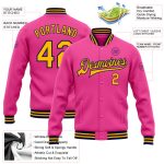 Personalized Pink Gold-Navy Bomber Full-Snap Varsity Letterman Jacket Team Custom Name and Number
