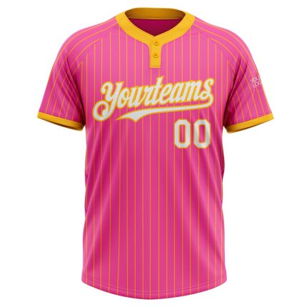 Personalized Pink Gold Pinstripe White Two-Button Unisex Softball Jersey Team Custom Name and Number