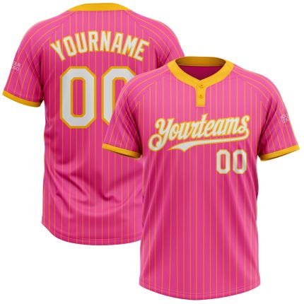 Personalized Pink Gold Pinstripe White Two-Button Unisex Softball Jersey Team Custom Name and Number