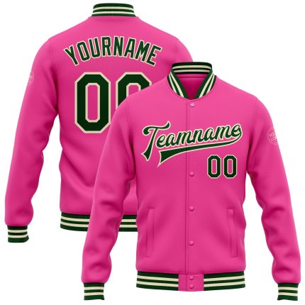 Personalized Pink Green-Cream Bomber Full-Snap Varsity Letterman Jacket Team Custom Name and Number