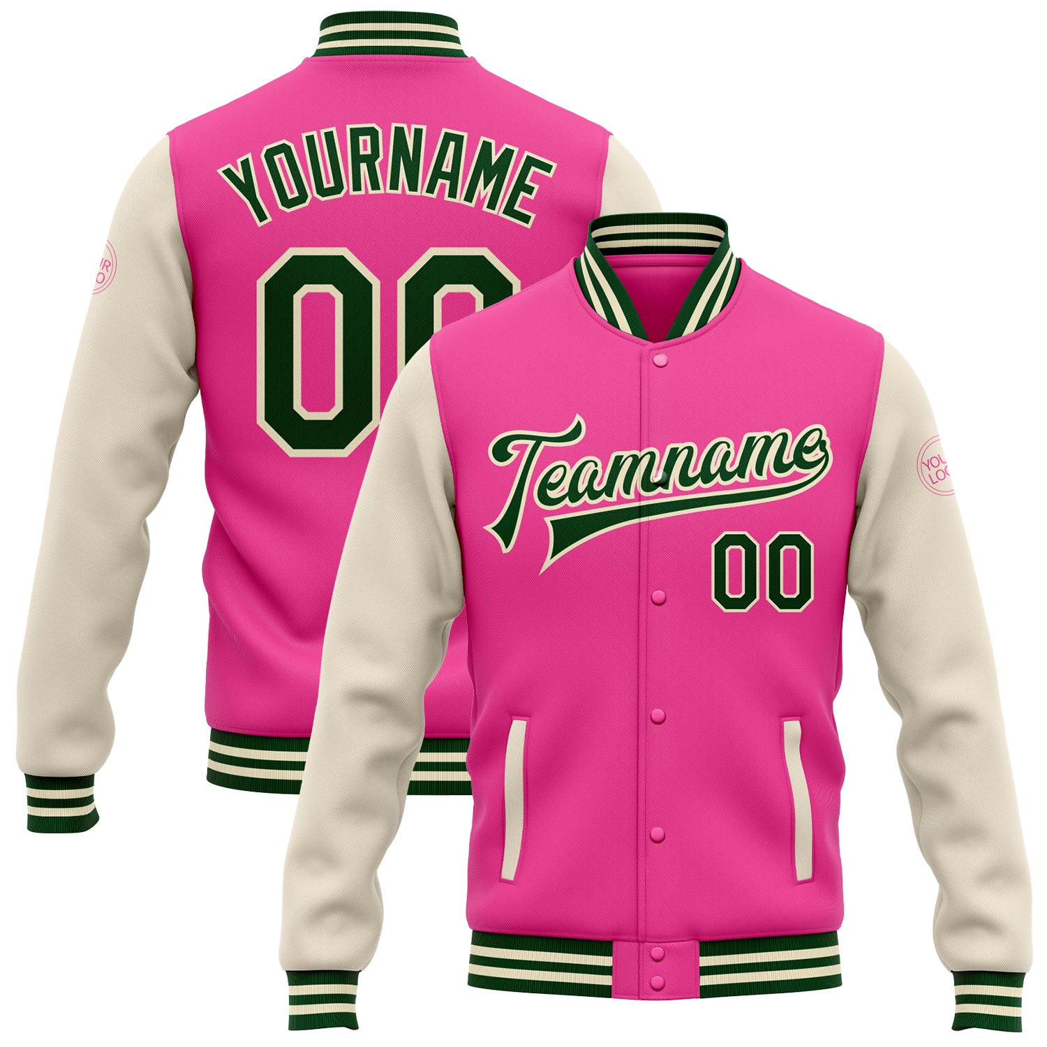 Personalized Pink Green-Cream Bomber Full-Snap Varsity Letterman Two Tone Jacket Team Custom Name and Number