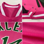 Personalized Pink Green-White Bomber Full-Snap Varsity Letterman Two Tone Jacket Team Custom Name and Number