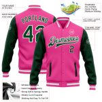 Personalized Pink Green-White Bomber Full-Snap Varsity Letterman Two Tone Jacket Team Custom Name and Number