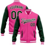Personalized Pink Green-White Bomber Full-Snap Varsity Letterman Two Tone Jacket Team Custom Name and Number