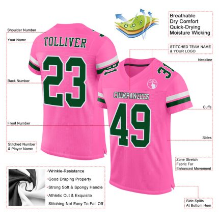 Personalized Pink Green-White Mesh Authentic Football Jersey Team Custom Name and Number