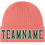 Personalized Pink Green-White Stitched Cuffed Knit Hat Team Custom Name and Number