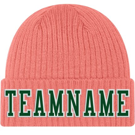 Personalized Pink Green-White Stitched Cuffed Knit Hat Team Custom Name and Number