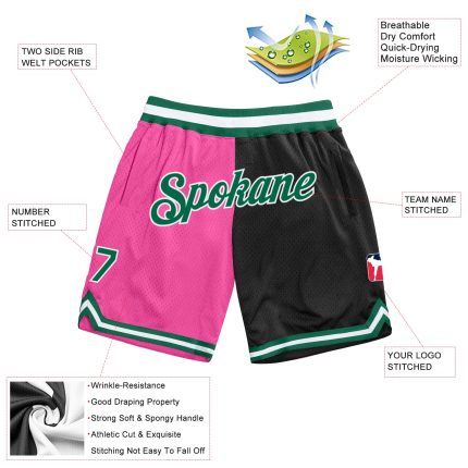 Personalized Pink Kelly Green-Black Authentic Throwback Split Fashion Basketball Shorts Team Custom Name and Number