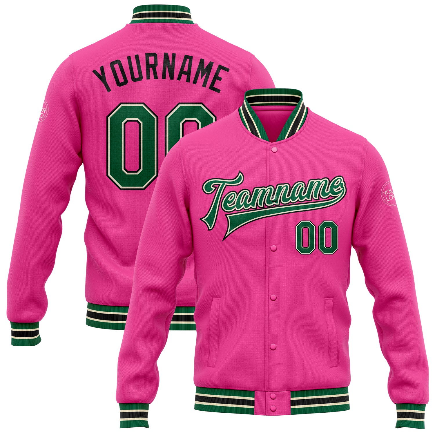 Personalized Pink Kelly Green Cream-Black Bomber Full-Snap Varsity Letterman Jacket Team Custom Name and Number