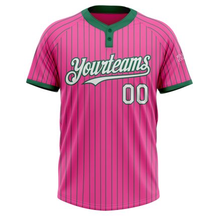 Personalized Pink Kelly Green Pinstripe White Two-Button Unisex Softball Jersey Team Custom Name and Number