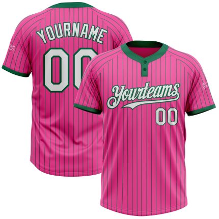 Personalized Pink Kelly Green Pinstripe White Two-Button Unisex Softball Jersey Team Custom Name and Number