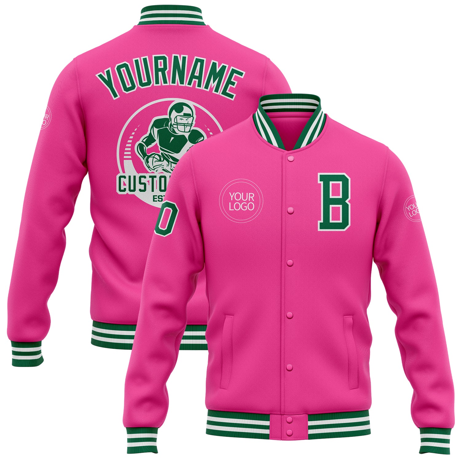Personalized Pink Kelly Green-White Bomber Full-Snap Varsity Letterman Jacket