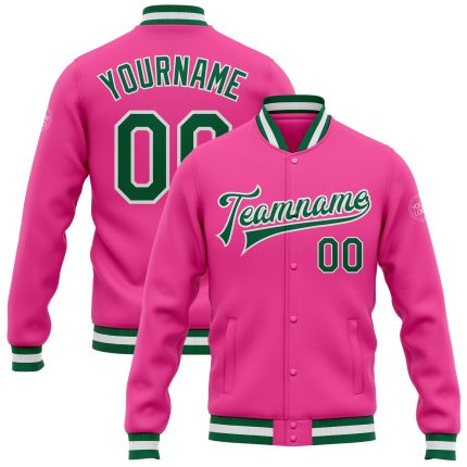 Personalized Pink Kelly Green-White Bomber Full-Snap Varsity Letterman Jacket Team Custom Name and Number