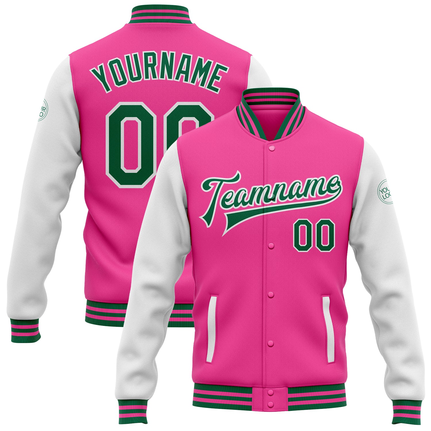 Personalized Pink Kelly Green-White Bomber Full-Snap Varsity Letterman Two Tone Jacket