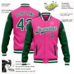 Personalized Pink Kelly Green-White Bomber Full-Snap Varsity Letterman Two Tone Jacket Team Custom Name and Number