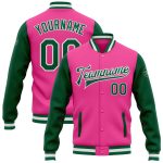 Personalized Pink Kelly Green-White Bomber Full-Snap Varsity Letterman Two Tone Jacket Team Custom Name and Number