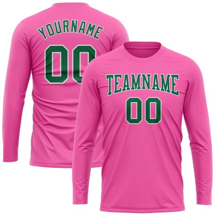 Personalized Pink Kelly Green-White Long Sleeve Performance T-Shirt Team Custom Name and Number