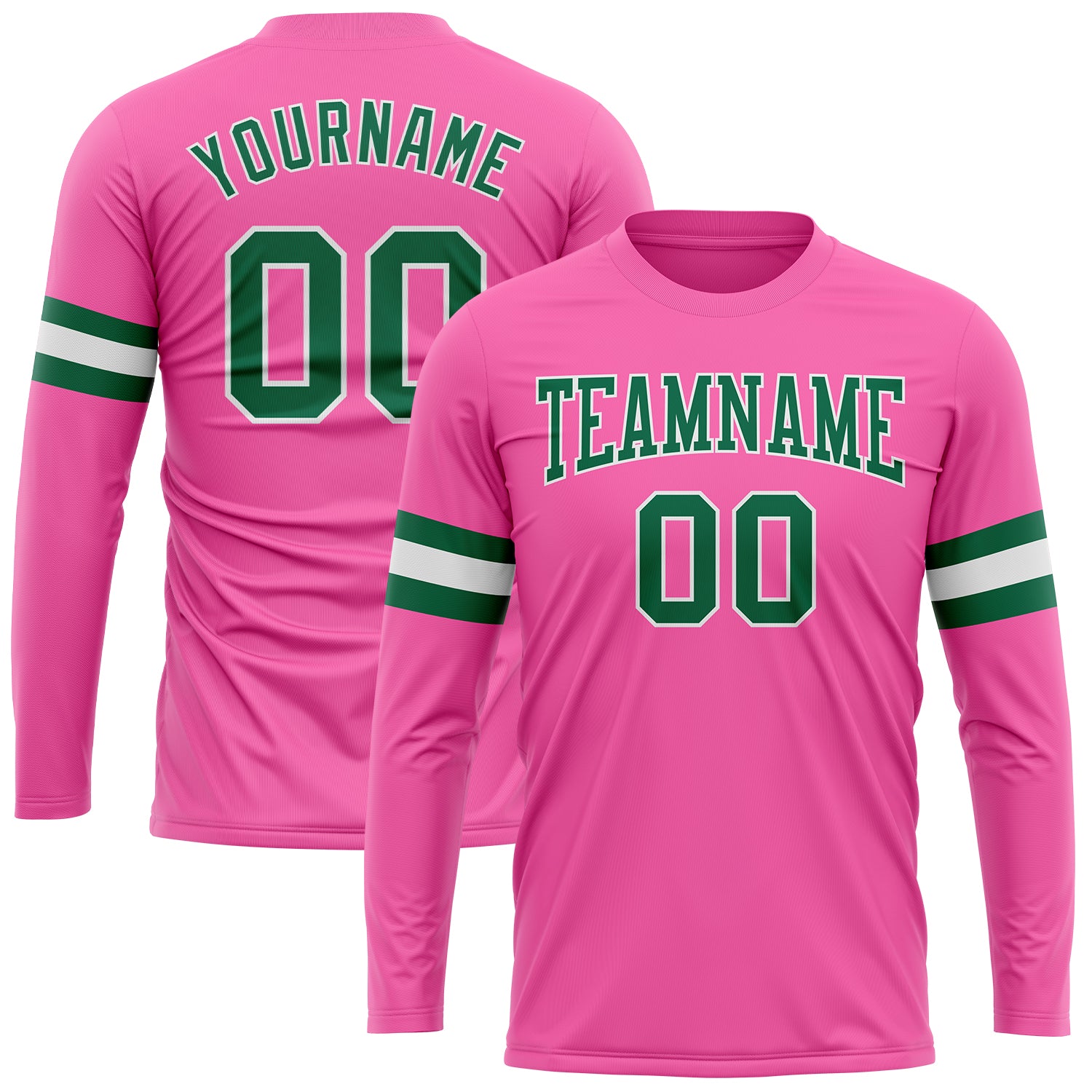 Personalized Pink Kelly Green-White Long Sleeve Performance T-Shirt Team Custom Name and Number