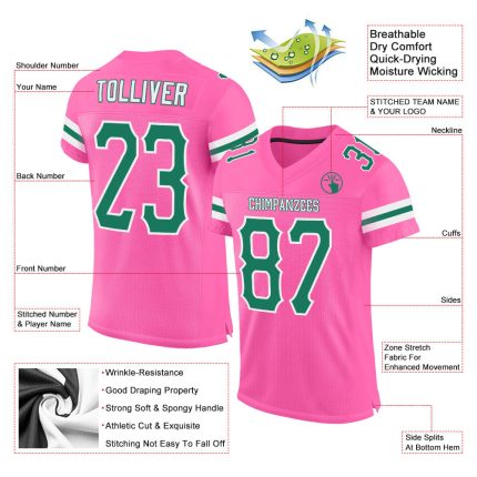 Personalized Pink Kelly Green-White Mesh Authentic Football Jersey Team Custom Name and Number
