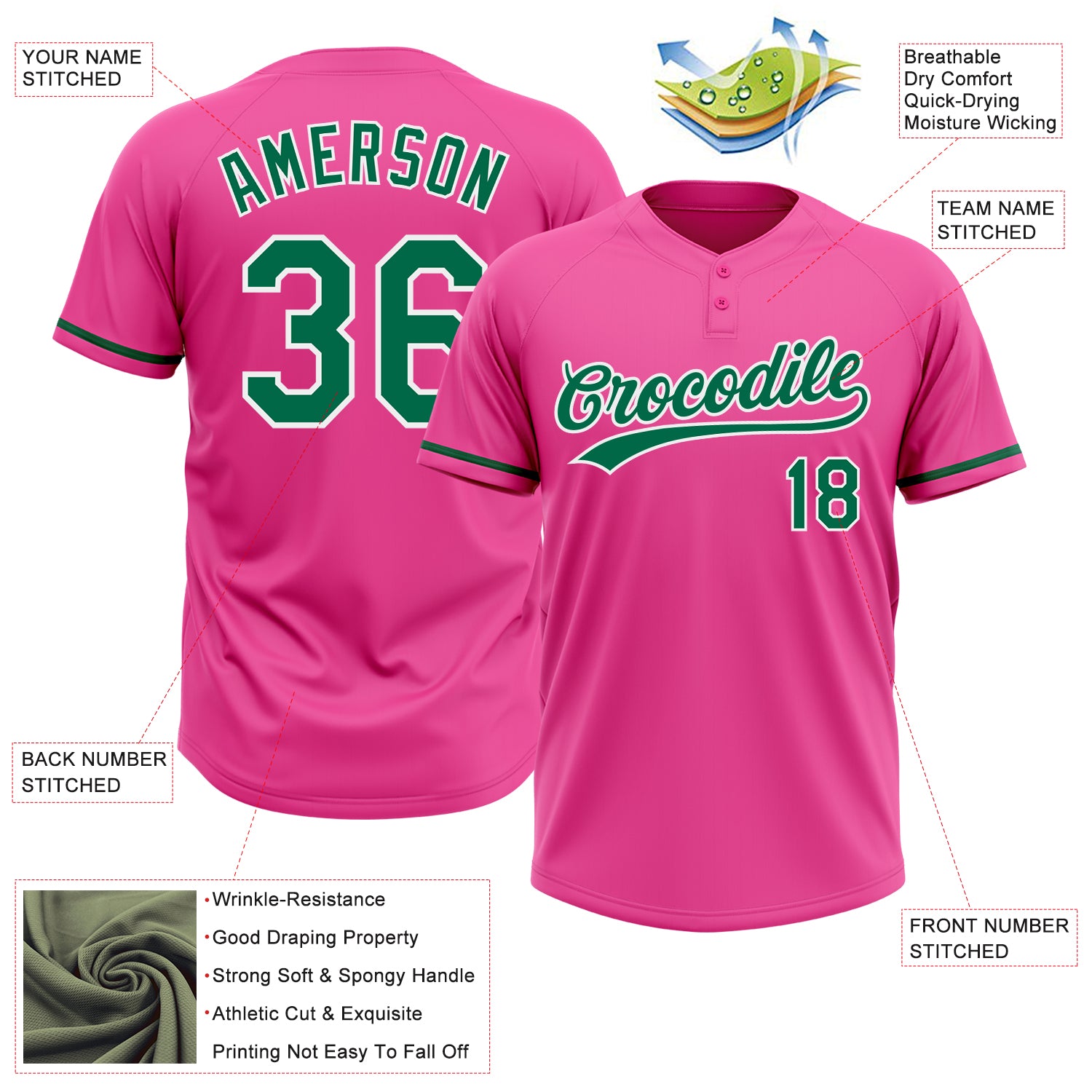 Personalized Pink Kelly Green-White Two-Button Unisex Softball Jersey Personalized Pink Kelly Green-White Two-Button Unisex Softball Jersey - Image 3