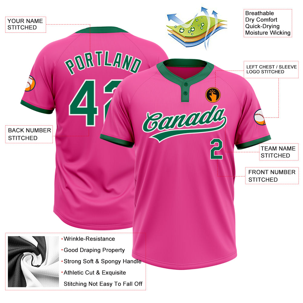 Personalized Pink Kelly Green-White Two-Button Unisex Softball Jersey Team Custom Name and Number Personalized Pink Kelly Green-White Two-Button Unisex Softball Jersey Team Custom Name and Number - Image 3