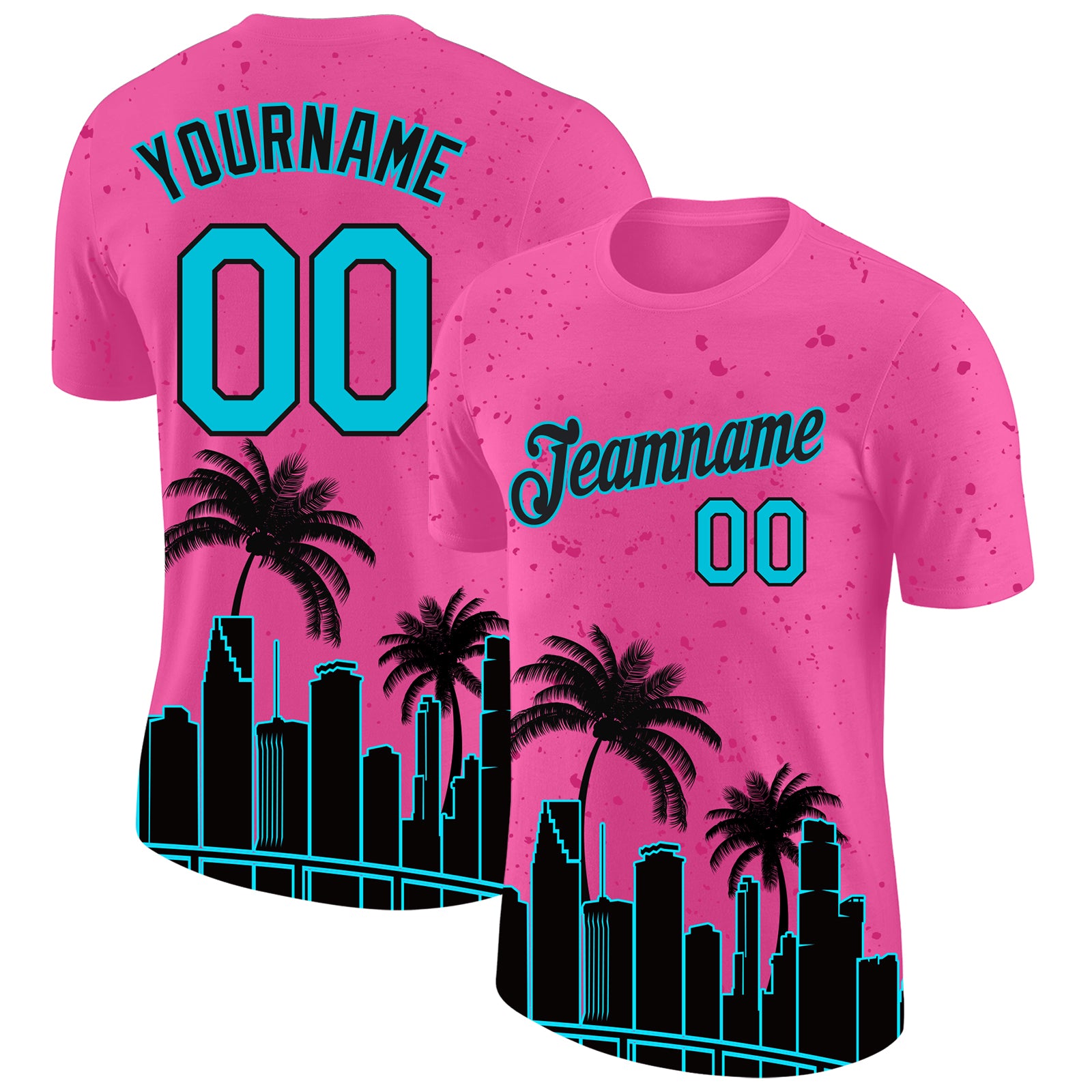 Personalized Pink Lakes Blue-Black 3D Pattern Design Miami Palm Trees City Edition Performance T-Shirt Team Custom Name and Number