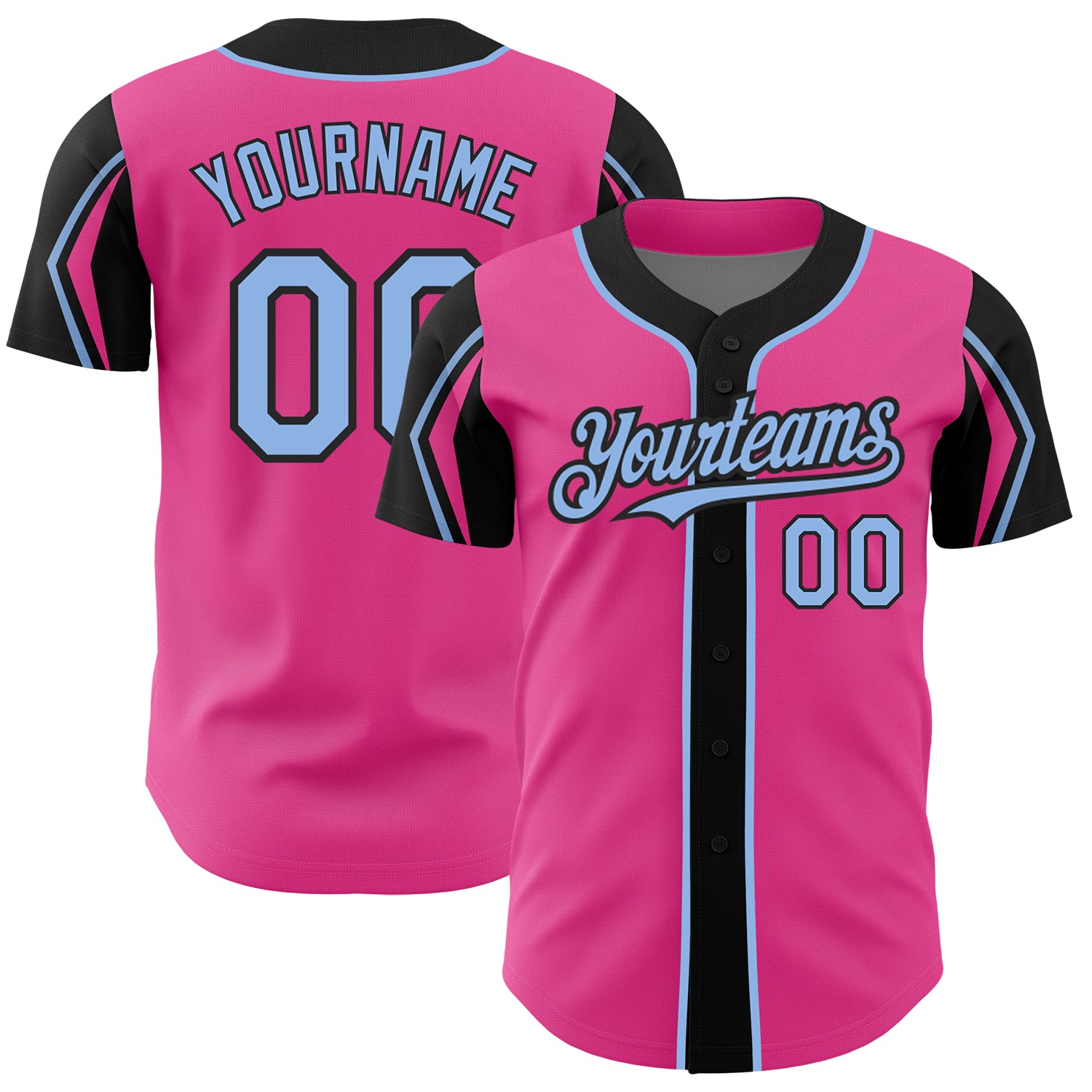 Personalized Pink Light Blue-Black 3 Colors Arm Shapes Authentic Baseball Jersey Team Custom Name and Number