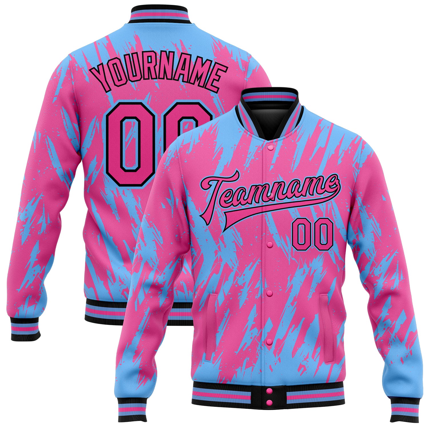 Personalized Pink Light Blue-Black 3D Pattern Design Bomber Full-Snap Varsity Letterman Jacket