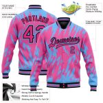 Personalized Pink Light Blue-Black 3D Pattern Design Bomber Full-Snap Varsity Letterman Jacket