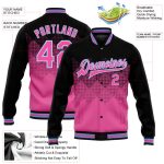 Personalized Pink Light Blue-Black 3D Pattern Design Bomber Full-Snap Varsity Letterman Jacket Team Custom Name and Number
