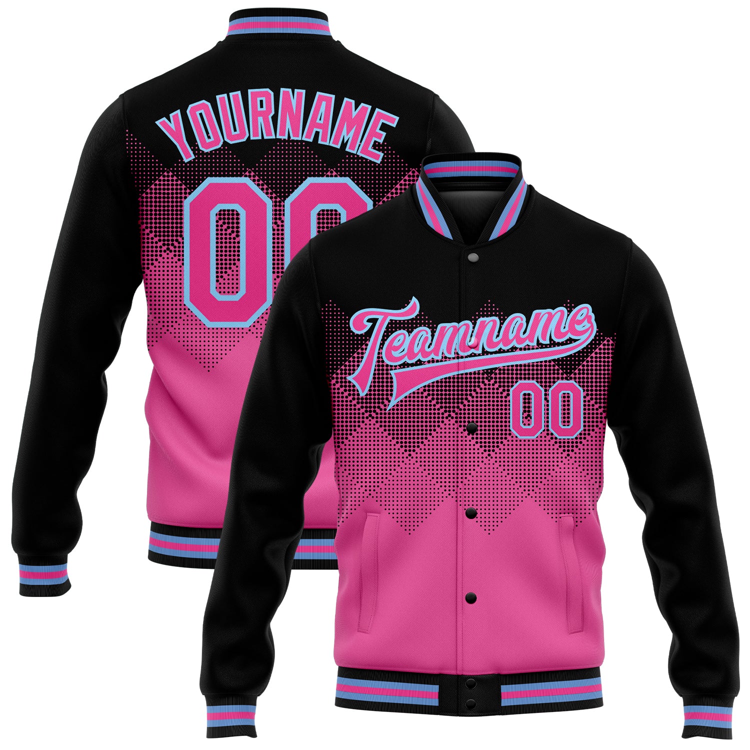 Personalized Pink Light Blue-Black 3D Pattern Design Bomber Full-Snap Varsity Letterman Jacket Team Custom Name and Number