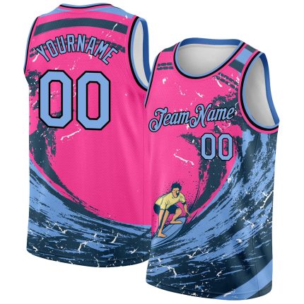 Personalized Pink Light Blue-Black 3D Pattern Summer Beach Surfing Authentic Basketball Jersey Team Custom Name and Number