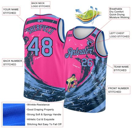 Personalized Pink Light Blue-Black 3D Pattern Summer Beach Surfing Authentic Basketball Jersey Team Custom Name and Number