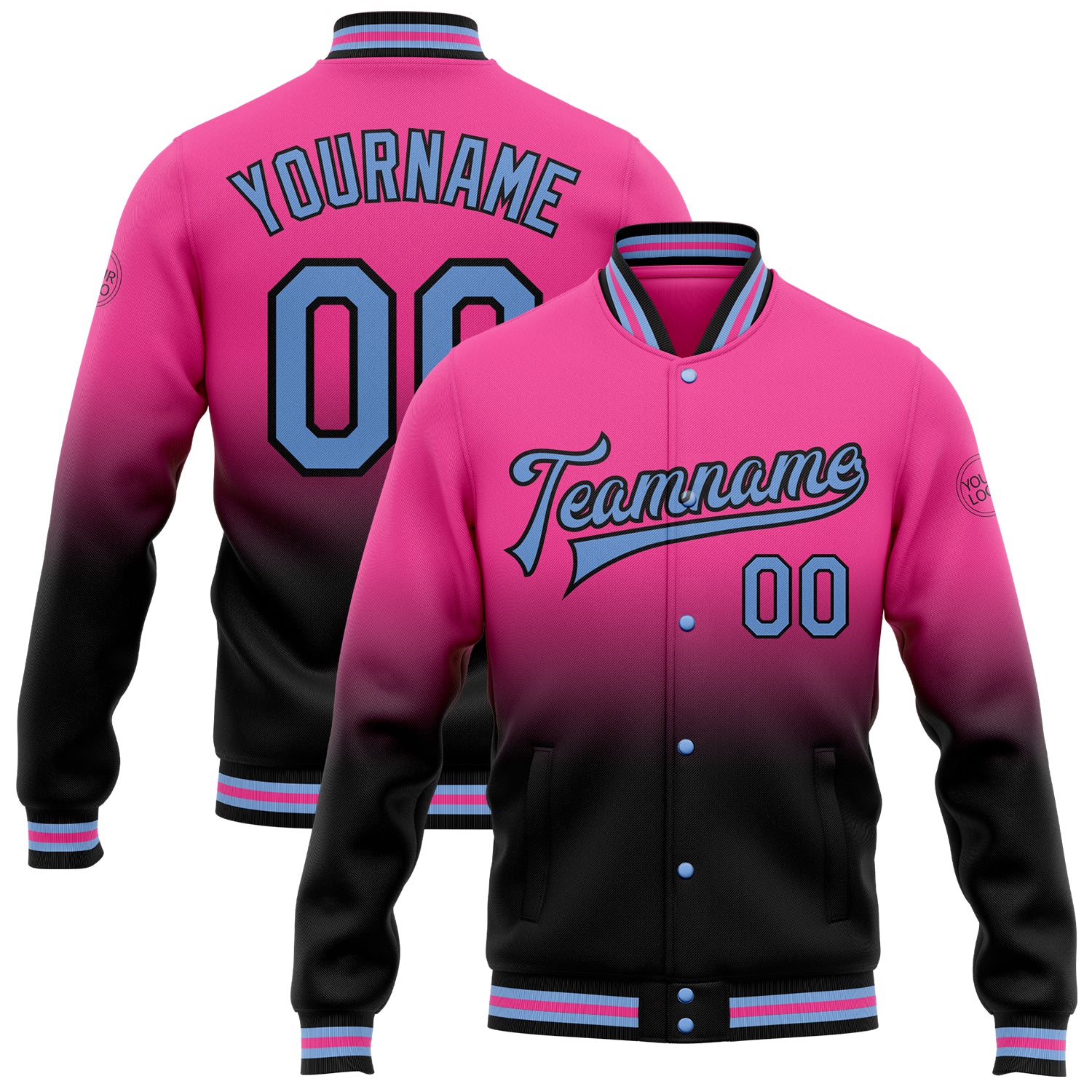Personalized Pink Light Blue-Black Bomber Full-Snap Varsity Letterman Fade Fashion Jacket Team Custom Name and Number