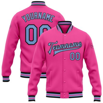 Personalized Pink Light Blue-Black Bomber Full-Snap Varsity Letterman Jacket Team Custom Name and Number