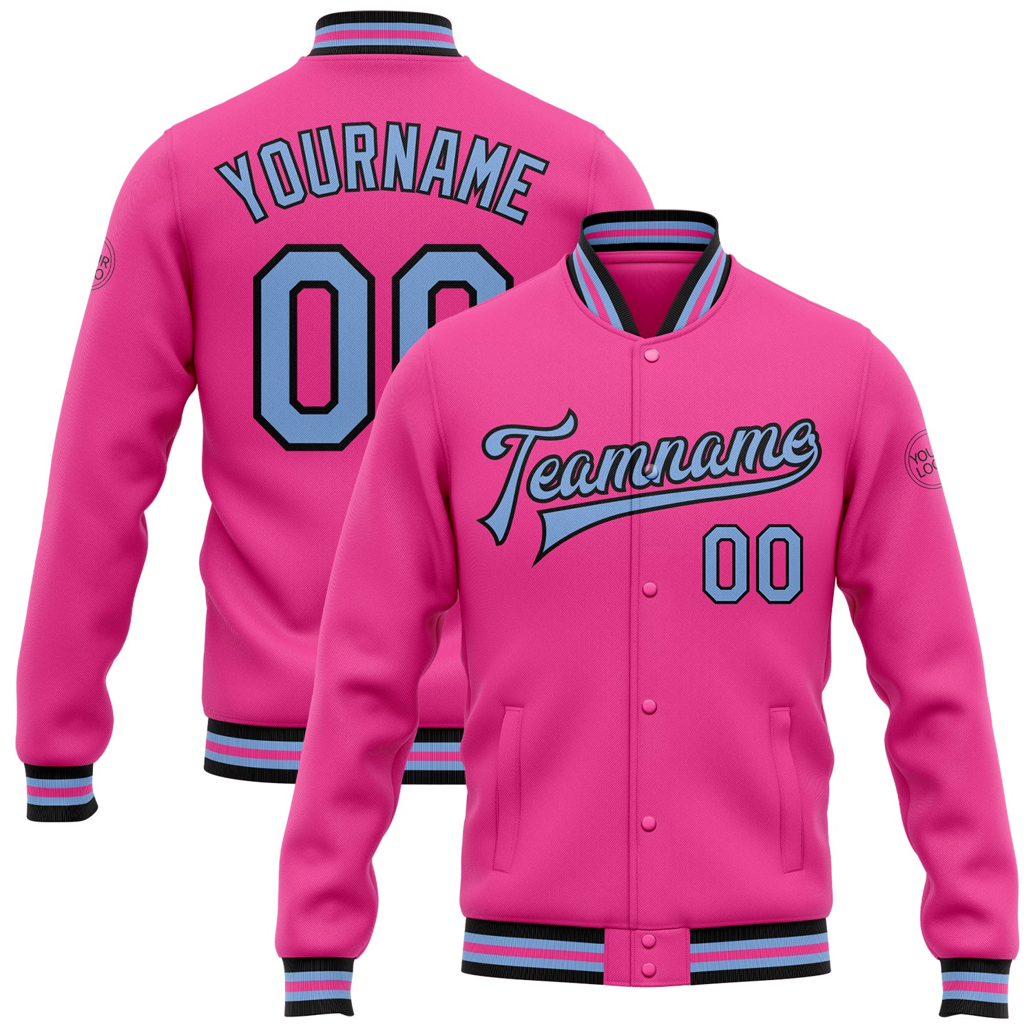 Personalized Pink Light Blue-Black Bomber Full-Snap Varsity Letterman Jacket Team Custom Name and Number
