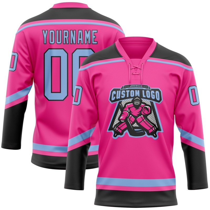 Personalized Pink Light Blue-Black Hockey Lace Neck Jersey Team Custom Name and Number