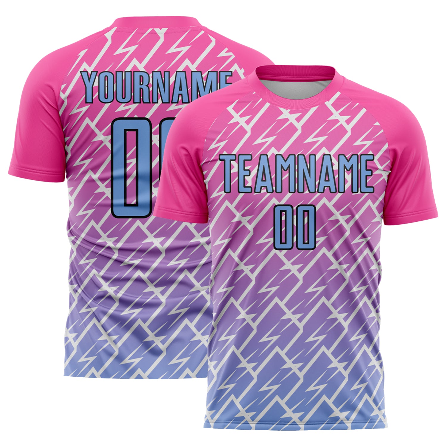 Personalized Pink Light Blue-Black Lightning Sublimation Soccer Uniform Jersey Team Custom Name and Number