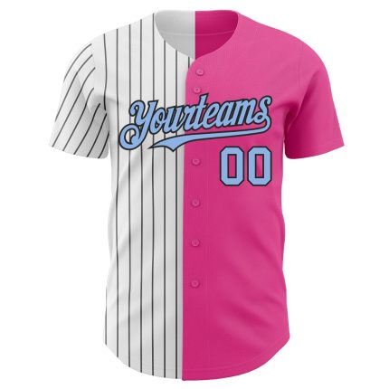 Personalized Pink Light Blue-Black Pinstripe Authentic Split Fashion Baseball Jersey Team Custom Name and Number