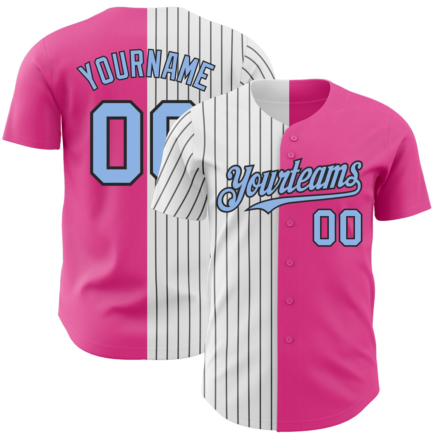 Personalized Pink Light Blue-Black Pinstripe Authentic Split Fashion Baseball Jersey Team Custom Name and Number