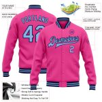 Personalized Pink Light Blue-Navy Bomber Full-Snap Varsity Letterman Jacket Team Custom Name and Number