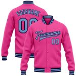 Personalized Pink Light Blue-Navy Bomber Full-Snap Varsity Letterman Jacket Team Custom Name and Number
