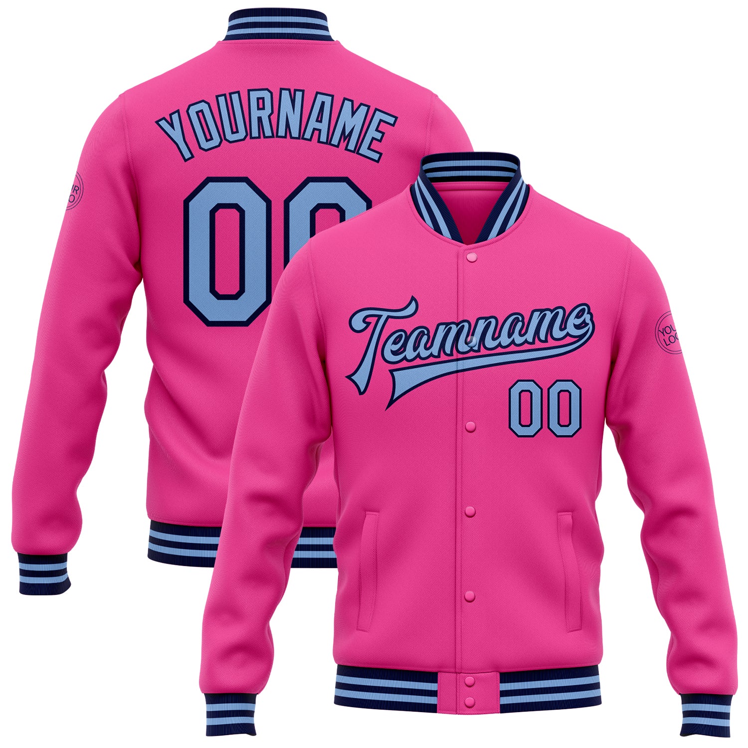 Personalized Pink Light Blue-Navy Bomber Full-Snap Varsity Letterman Jacket Team Custom Name and Number
