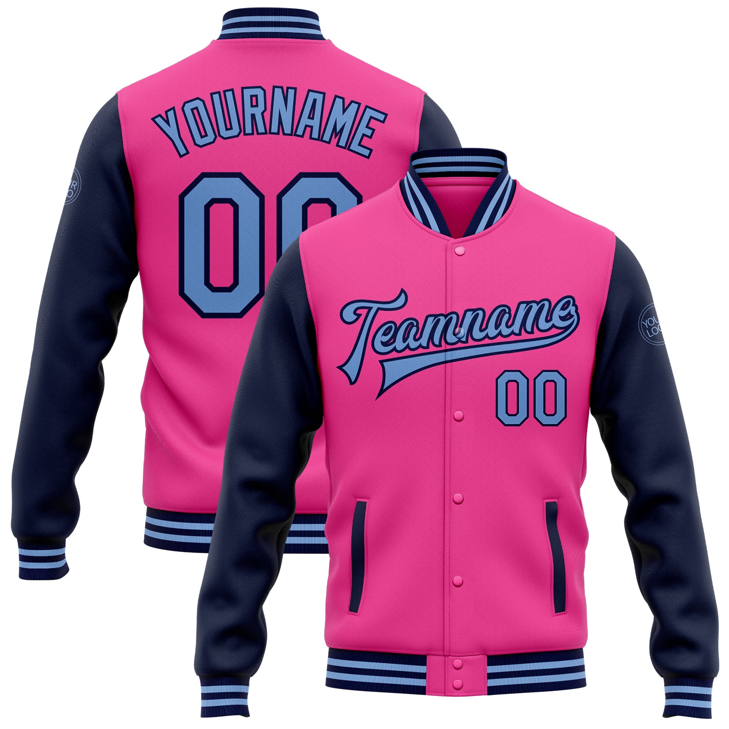 Personalized Pink Light Blue-Navy Bomber Full-Snap Varsity Letterman Two Tone Jacket Team Custom Name and Number