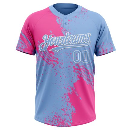 Personalized Pink Light Blue-White 3D Pattern Abstract Brush Stroke Two-Button Unisex Softball Jersey Team Custom Name and Number