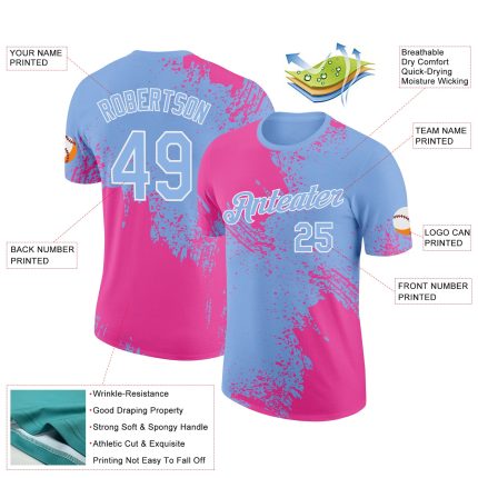 Personalized Pink Light Blue-White 3D Pattern Design Abstract Brush Stroke Performance T-Shirt Team Custom Name and Number