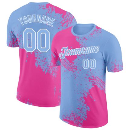 Personalized Pink Light Blue-White 3D Pattern Design Abstract Brush Stroke Performance T-Shirt Team Custom Name and Number