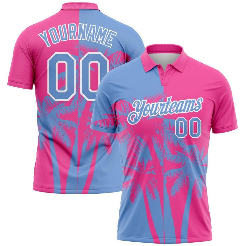 Personalized Pink Light Blue-White 3D Pattern Design Hawaii Coconut Trees Performance Golf Polo Shirt Team Custom Name and Number