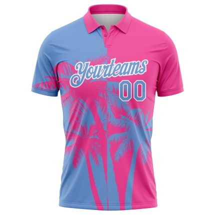 Personalized Pink Light Blue-White 3D Pattern Design Hawaii Coconut Trees Performance Golf Polo Shirt Team Custom Name and Number