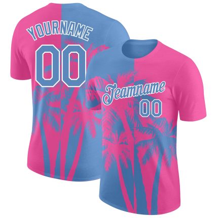 Personalized Pink Light Blue-White 3D Pattern Design Hawaii Coconut Trees Performance T-Shirt Team Custom Name and Number